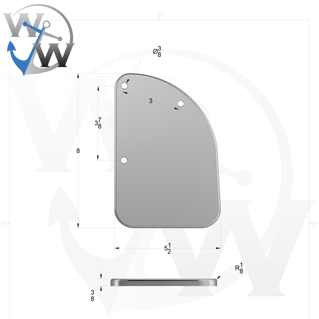 0073-R 3/8" 8" x 5.5" D-Pipe Aluminum Grommet Pad - Spec Sheet Drawing