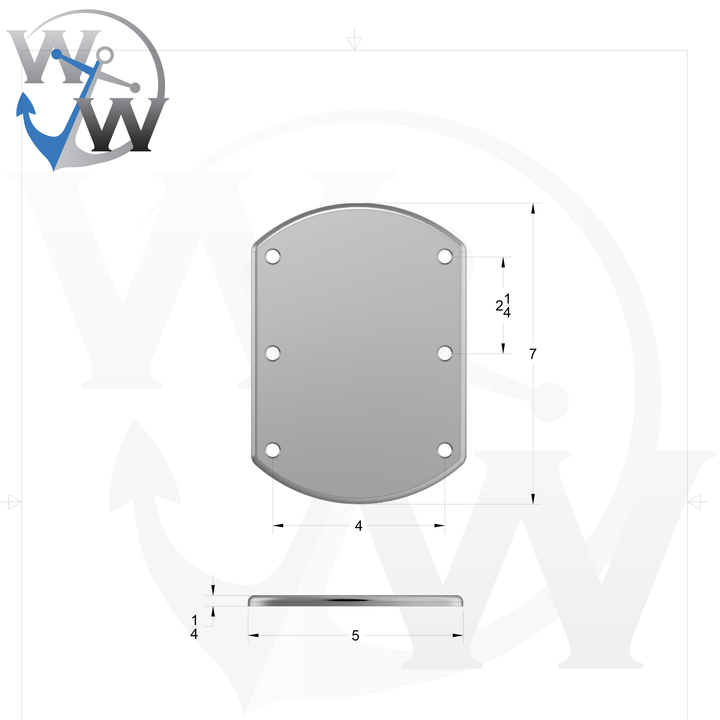 0100 1/4" Thick 7.25" x 5" Oblong Aluminum Countersunk Pad - Spec Sheet Drawing