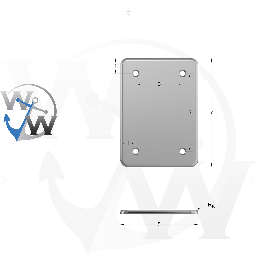 0182 1/4" Thick 2.25" x 0.75" Aluminum Handrail Feet - Spec Sheet Drawing