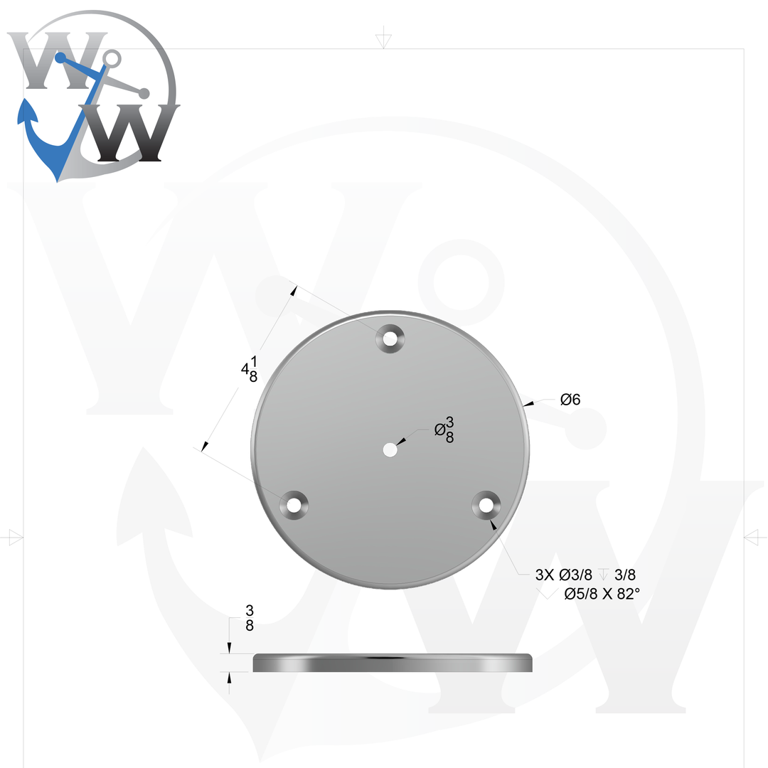 1011 3/8" Thick 6" OD Round Aluminum Countersunk Pad - Spec Sheet Drawing