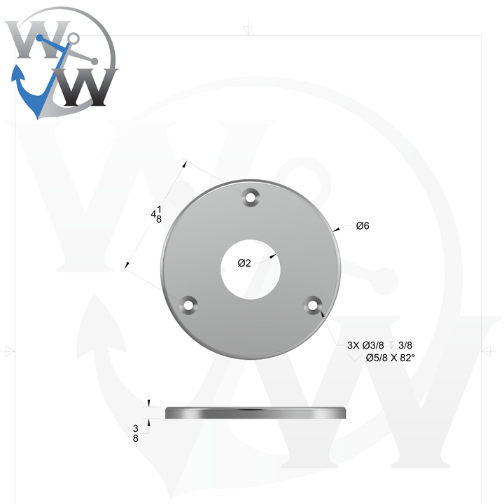 1015 3/8" Thick 6" OD Round Aluminum Countersunk Pad - Spec Sheet Drawing