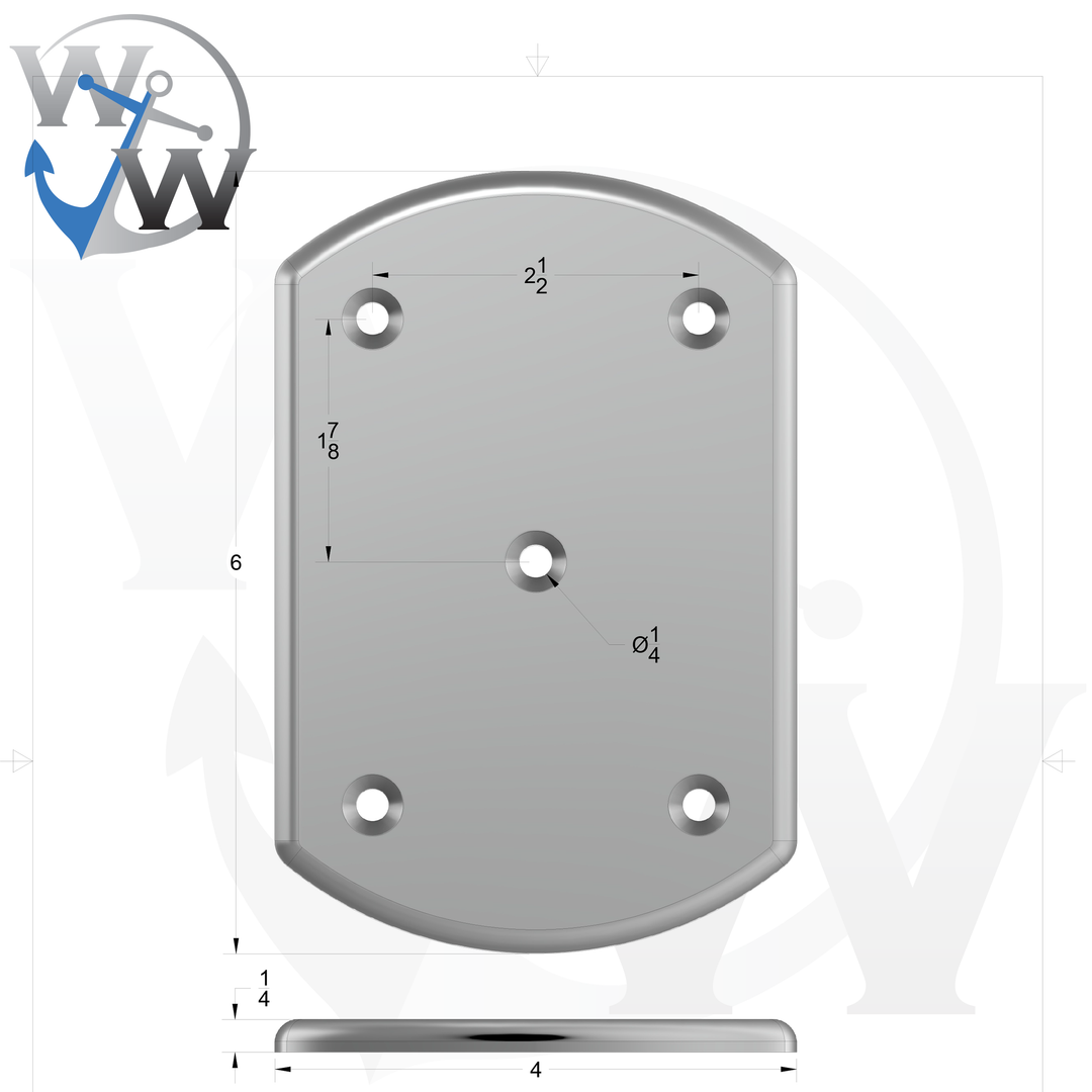 1023 1/4" Thick 6" x 4" Oblong Aluminum Countersunk Pad - Spec Sheet Drawing