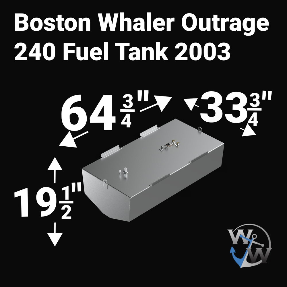 A high-angle isometric product graphic diagram of a raw aluminum 2003 Boston Whaler Outrage 240 OEM replacement marine fuel tank from file image_e68261.jpg, isolated against a black background. Large white bold text overlays detail the exact physical dimensions, specifying a length of 64-3/4 inches, a width of 33-3/4 inches, and a height of 19-1/2 inches. The CAD rendering highlights the specialized V-shaped bottom deadrise profile custom-engineered by Welding World to sit perfectly flush within the vessel'