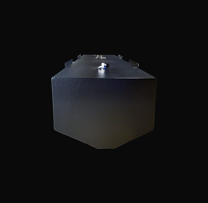A low-angle, end-profile studio view of a physical, finished black encapsulated 2003 Boston Whaler Outrage 240 OEM replacement marine fuel tank from file image_e685a1.jpg, isolated against a black background. This perspective highlights the tank's distinct V-shaped bottom deadrise profile, custom-engineered to sit perfectly flush within the vessel's center hull stringer grid. Precision-fabricated from heavy-gauge marine-grade 5052-H32 aluminum, the structural 150-gallon capacity fluid cell is fully encapsul