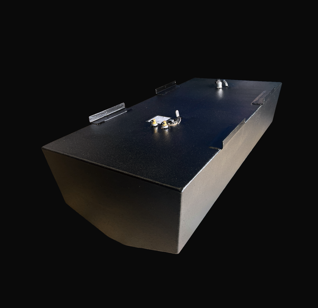 A high-angle isometric studio view of a physical, finished black encapsulated 2003 Boston Whaler Outrage 240 OEM replacement marine fuel tank from file image_e67f1b.jpg, isolated against a black background. This dimensional view showcases the tank's long rectangular geometry and highlights its specialized V-shaped bottom deadrise profile, custom-engineered to sit flush within the vessel's hull stringer grid. Precision-fabricated from heavy-gauge marine-grade 5052-H32 aluminum, the structural 150-gallon capa