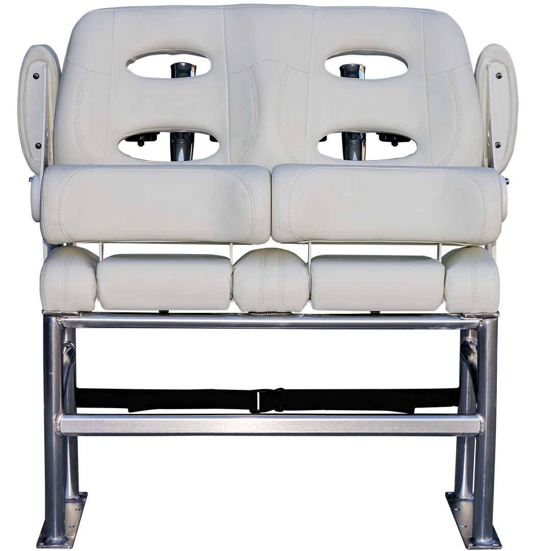 A white, padded boat seat with two backrests and armrests, mounted on a silver metal frame. The seat features cut-out holes for ventilation and is designed for comfort during long hauls