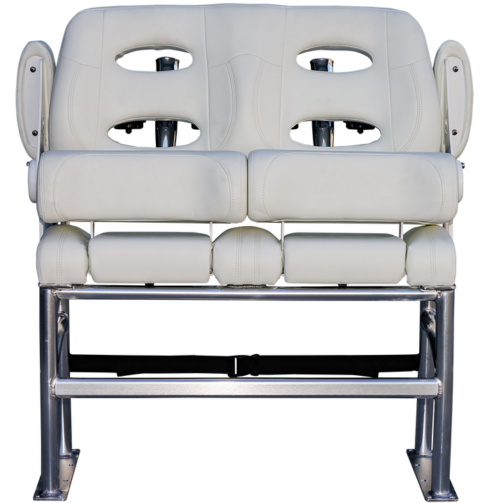 A white, padded boat seat with two backrests and armrests, mounted on a silver metal frame. The seat features cut-out holes for ventilation and is designed for comfort during long hauls