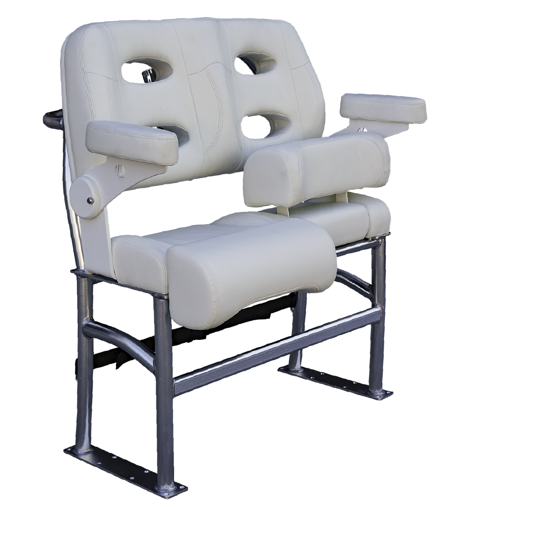 A two-seater boat bench with a light gray vinyl upholstery and a sturdy metal frame. The bench features two armrests and has a height of 47 inches, an overall width of 38 inches, and a depth of 24 inches. The maximum cooler width that can fit underneath is 5 inches less than the overall width