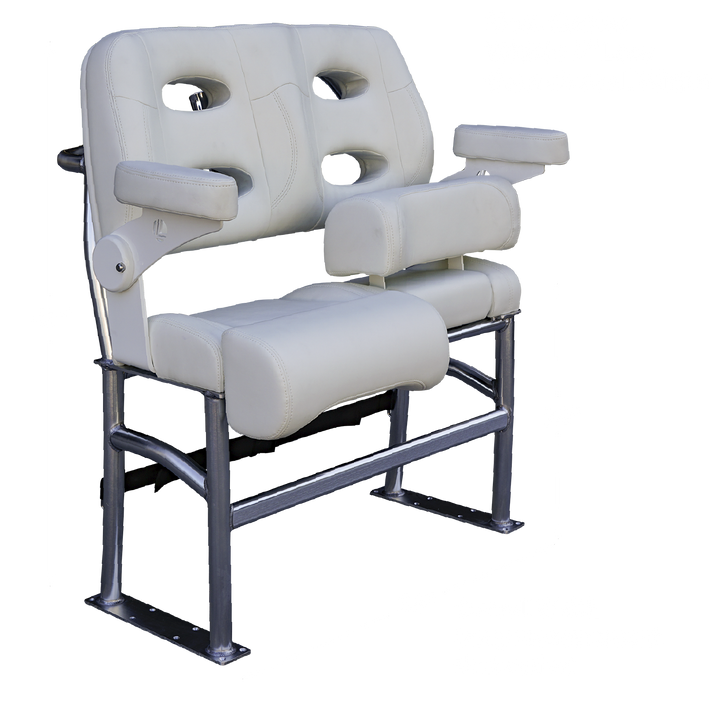 A two-seater boat bench with a light gray vinyl upholstery and a sturdy metal frame. The bench features two armrests and has a height of 47 inches, an overall width of 38 inches, and a depth of 24 inches. The maximum cooler width that can fit underneath is 5 inches less than the overall width