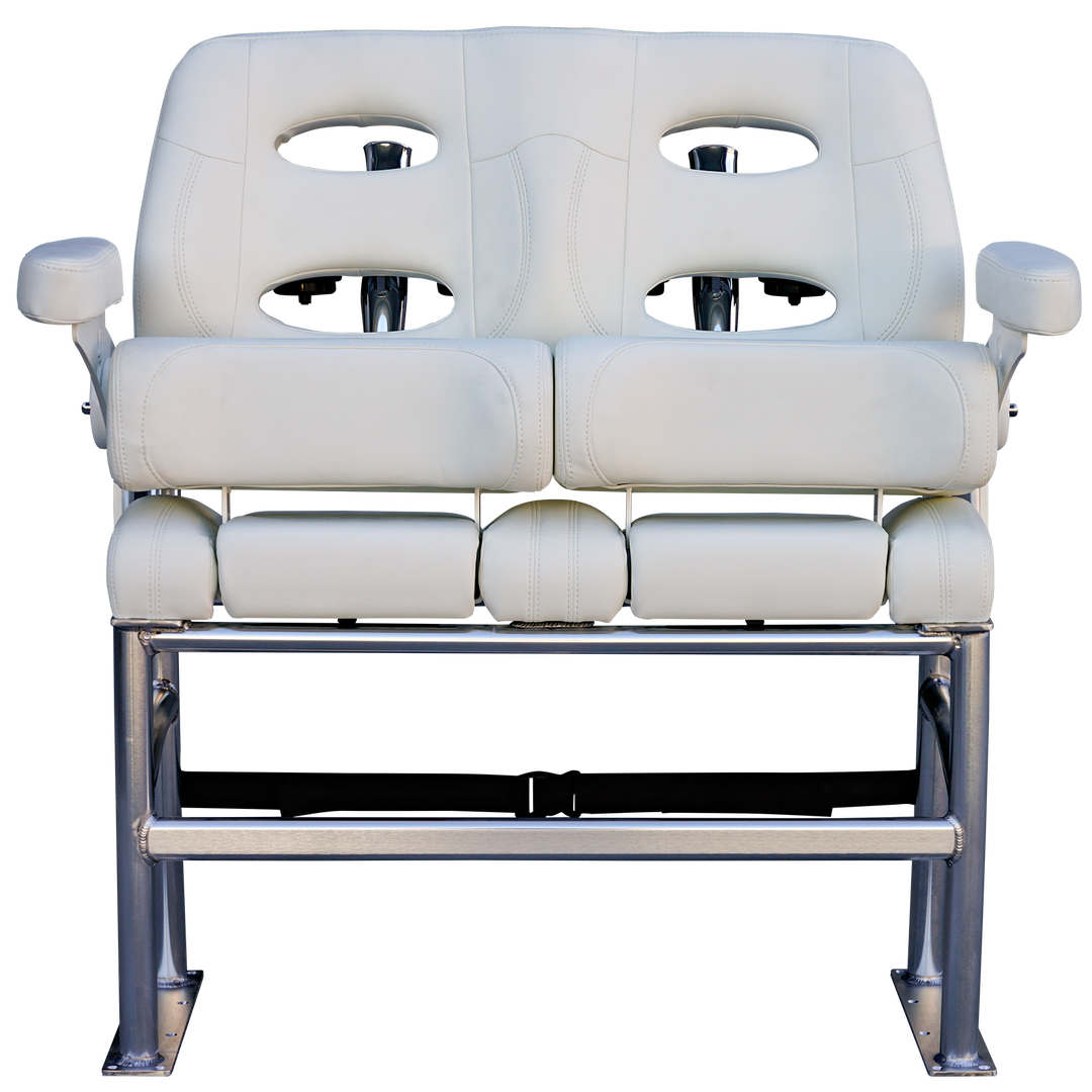 A white, modern two-seater bench with a sleek design, featuring two circular cutouts in the backrest and a sturdy silver metal frame. The bench is positioned against a transparent background