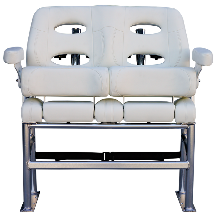 A white, modern two-seater bench with a sleek design, featuring two circular cutouts in the backrest and a sturdy silver metal frame. The bench is positioned against a transparent background