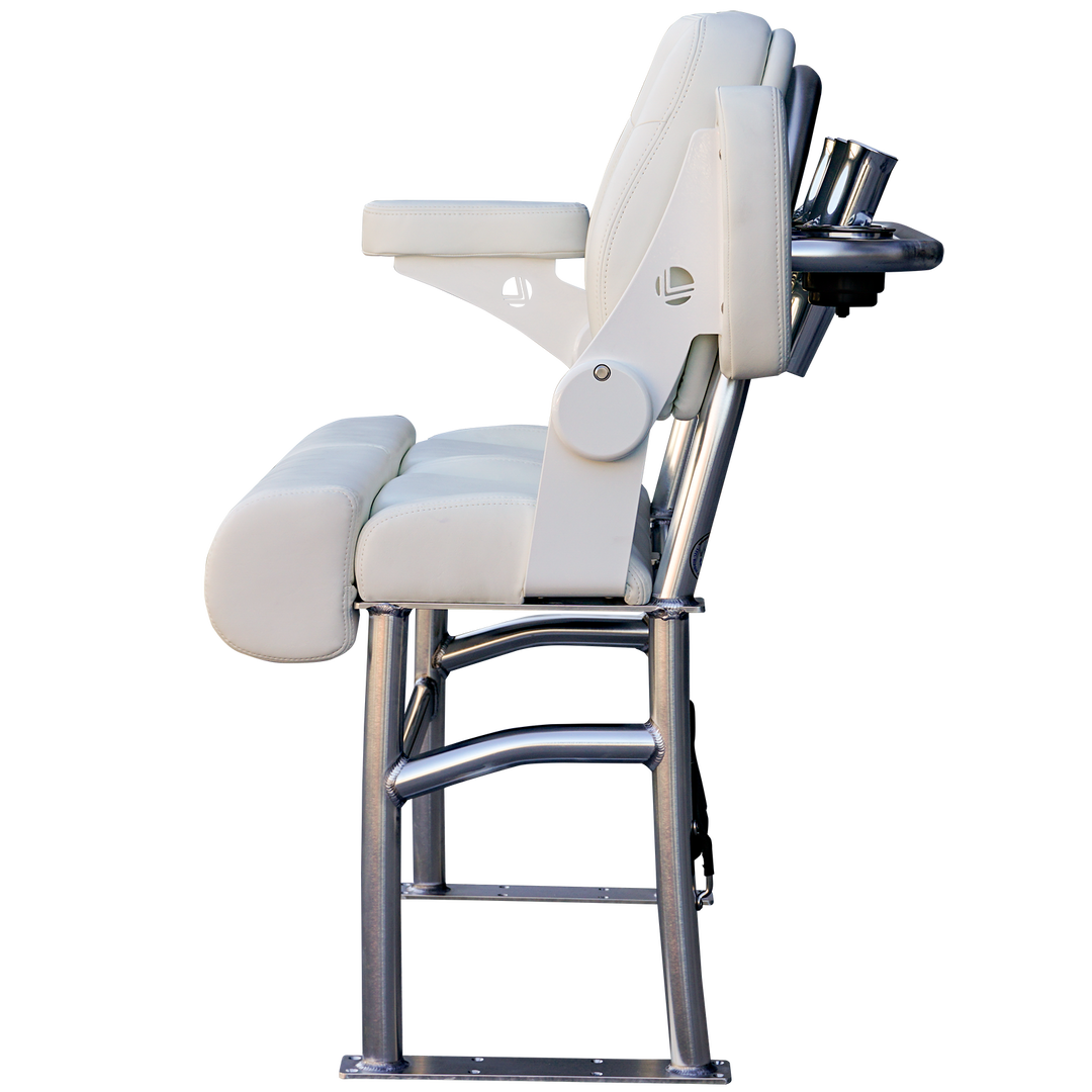 A side view of a 38-inch Stinger Pre-R Spec Long Haul Fixie chair, featuring a sleek white leather seat and armrests, mounted on a sturdy silver metal frame. The chair is designed for comfort and durability, ideal for long periods of use