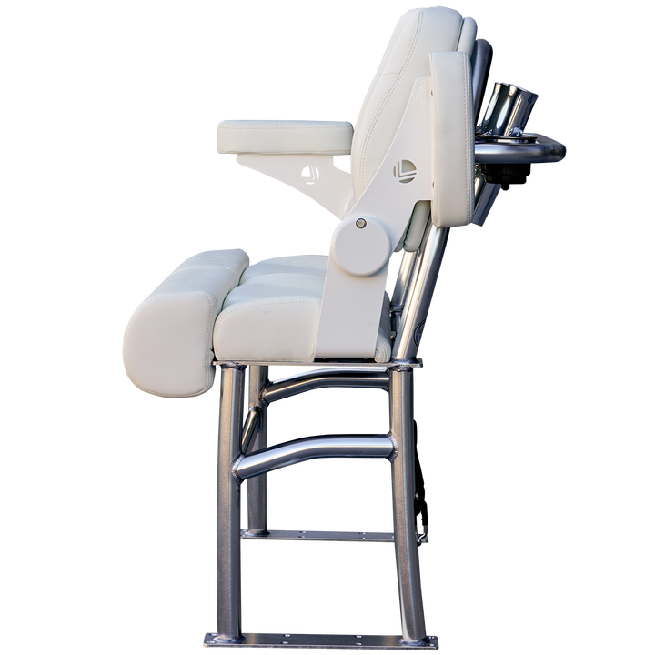 A side view of a 38-inch Stinger Pre-R Spec Long Haul Fixie chair, featuring a sleek white leather seat and armrests, mounted on a sturdy silver metal frame. The chair is designed for comfort and durability, ideal for long periods of use