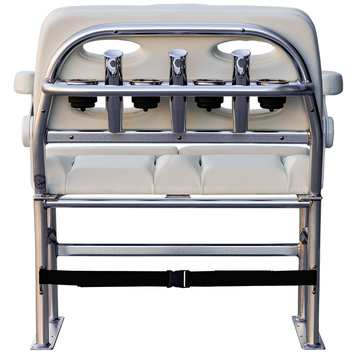 A rear view of a 38" Stinger Pre-R Spec Long Haul Fixie bicycle seat, featuring a sleek chrome frame with three cup holders and a padded white seat. The background is transparent, highlighting the design of the seat