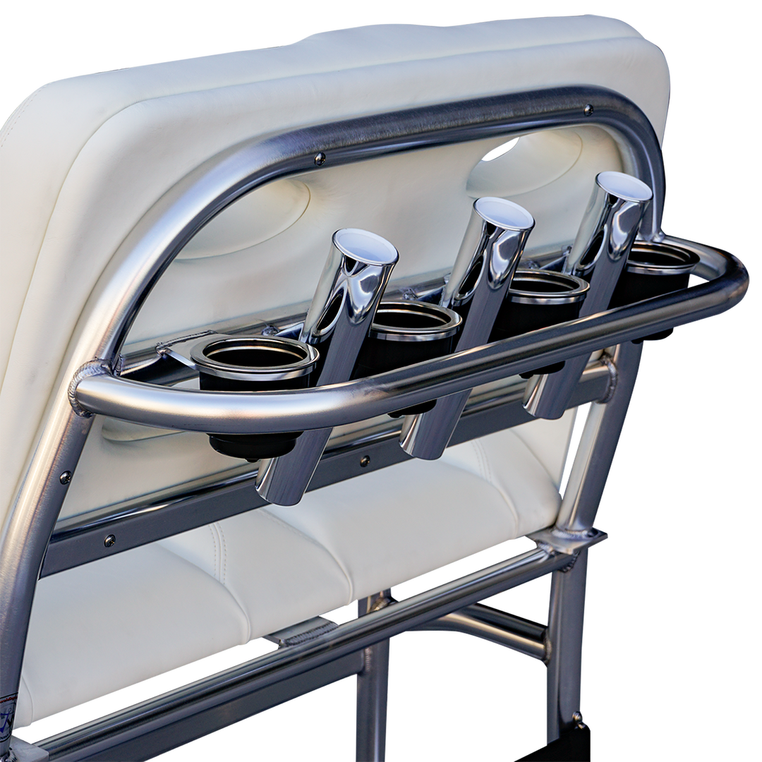 A close-up view of the backrest of a 38" Stinger Pre-R Spec Long Haul Fixie, featuring a sleek chrome frame with four cup holders integrated into the design, set against a white cushioned background