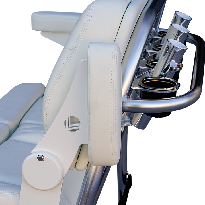 Close-up view of a white leather reclining chair with a sleek metallic armrest featuring cup holders and a modern design