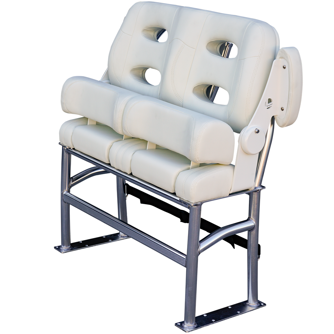 A white, padded long-haul fixie seat with two circular cutouts for ventilation, mounted on a sturdy silver metal frame. The seat features a unique design with multiple cushions and an adjustable armrest on one side