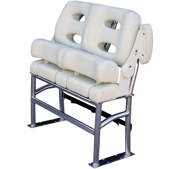 A white, padded long-haul fixie seat with two circular cutouts for ventilation, mounted on a sturdy silver metal frame. The seat features a unique design with multiple cushions and an adjustable armrest on one side