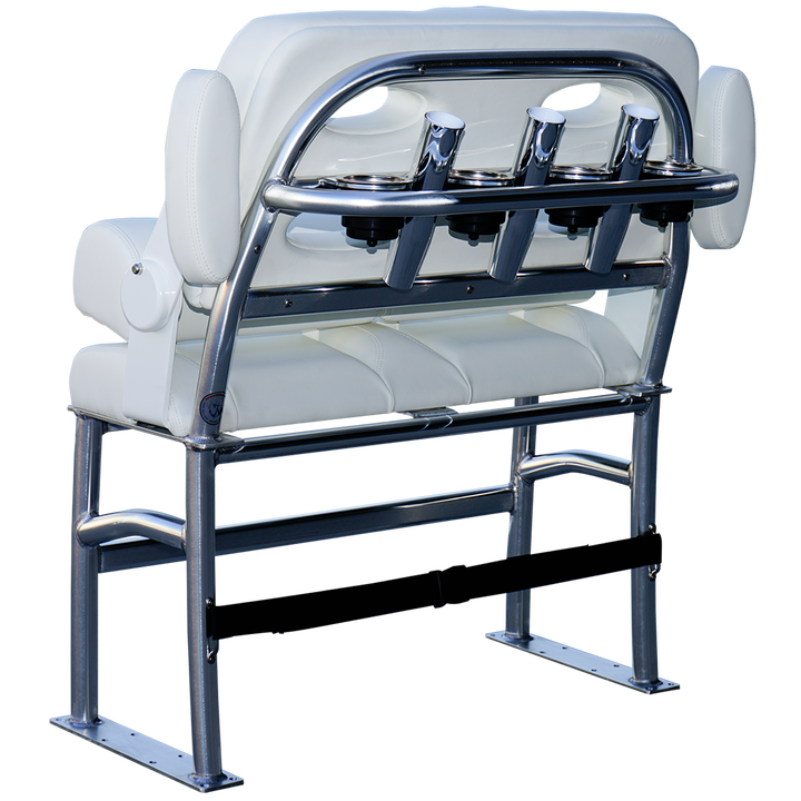 A sleek, modern white boat seat with a chrome frame, featuring three cup holders integrated into the backrest. The seat is designed for comfort and style, suitable for long-haul journeys on water