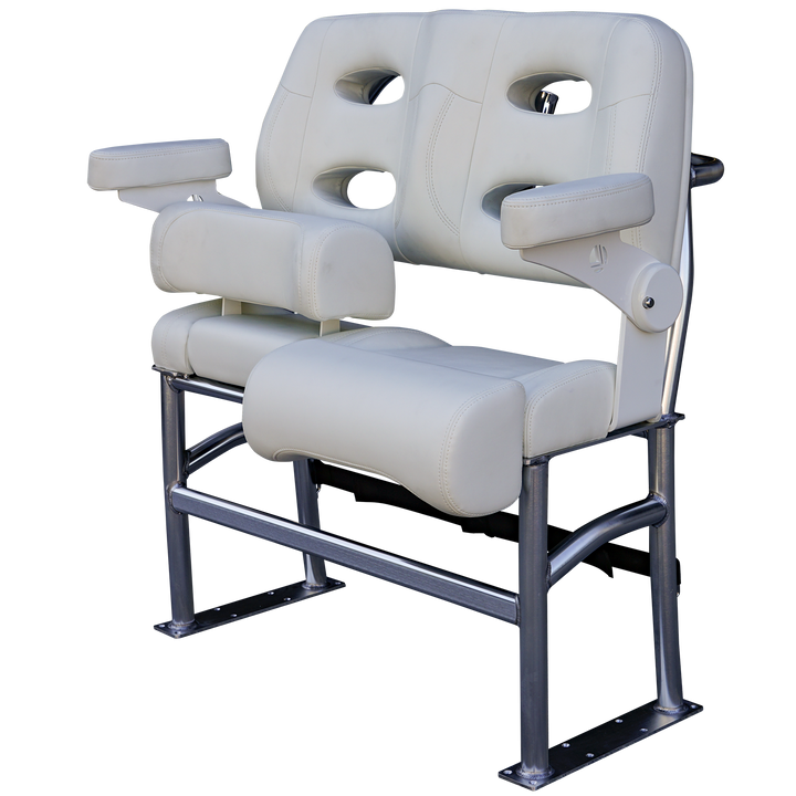 A white, padded seating chair with two armrests and multiple cut-out holes in the backrest, supported by a sturdy metal frame. The chair is designed for comfort and functionality, suitable for long-haul use.
