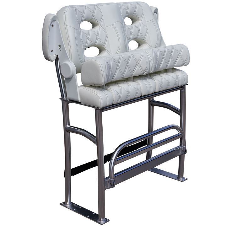 A white, quilted, high-back boat seat with two circular cutouts for ventilation, mounted on a chrome-plated metal frame with a footrest. The seat is designed for comfort and durability, suitable for long hours on the water