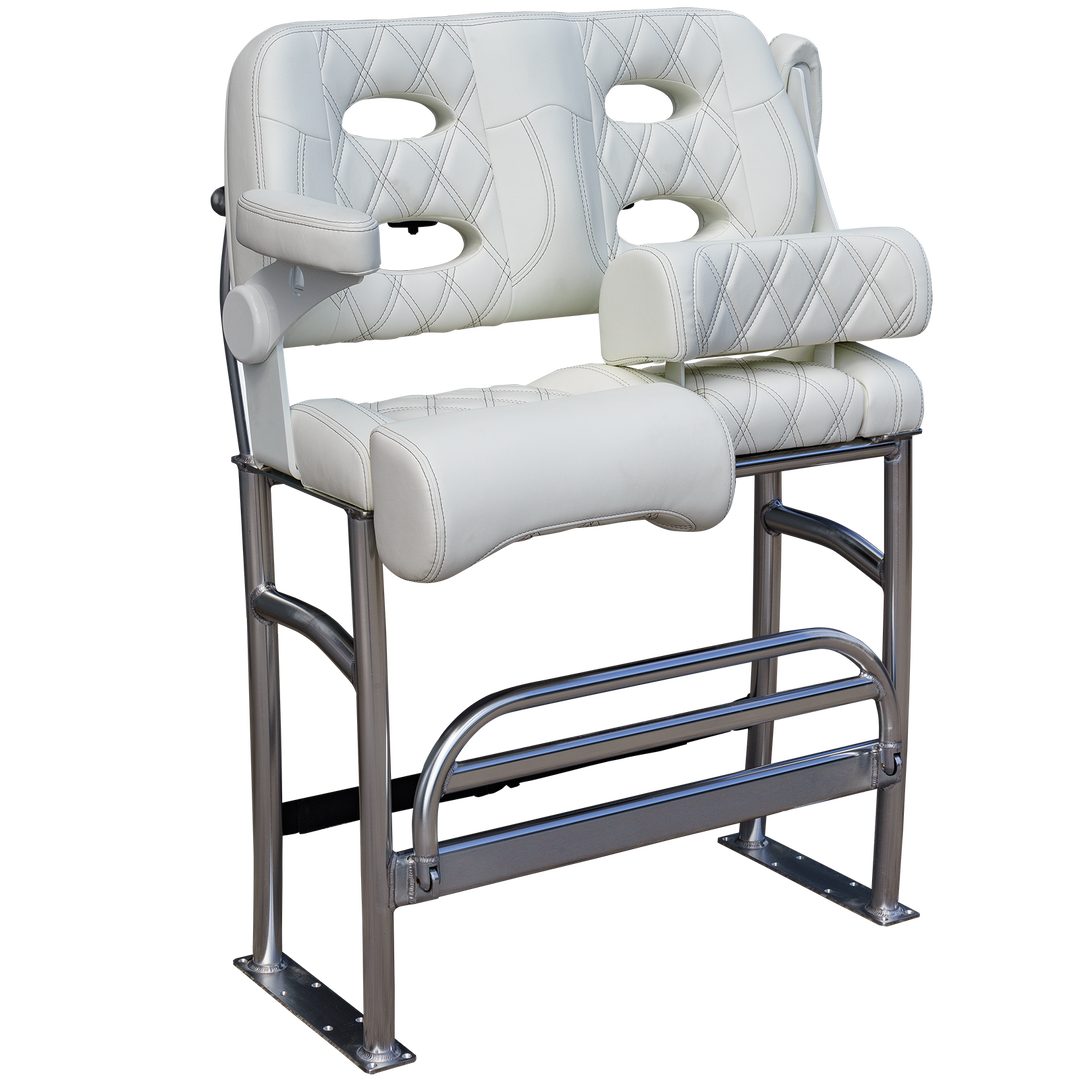 A white, padded Stinger-R Spec Long Haul Fixie seat with a sleek design, featuring diamond stitching and armrests, mounted on a sturdy metal frame. The background is transparent, highlighting the seat's details