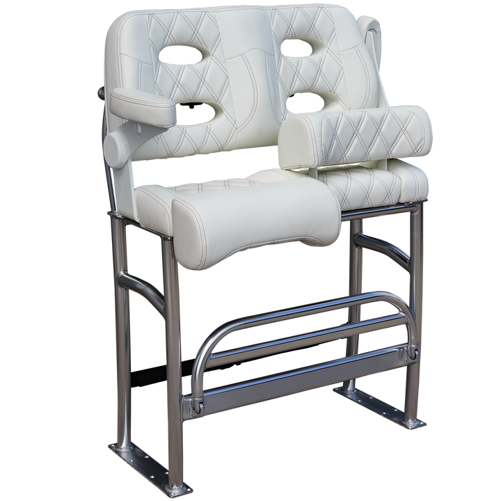 A white, padded Stinger-R Spec Long Haul Fixie seat with a sleek design, featuring diamond stitching and armrests, mounted on a sturdy metal frame. The background is transparent, highlighting the seat's details