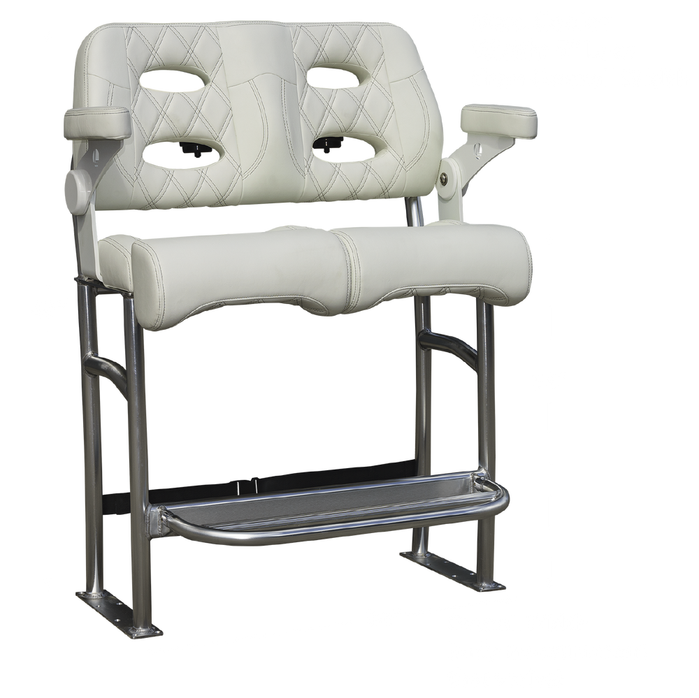 A 38-inch Stinger-R Spec Long Haul Fixie seat featuring a sleek design with a white quilted upholstery, two cut-out handles, and a sturdy metal frame with a footrest