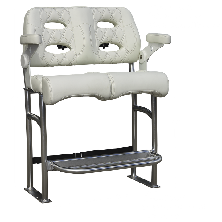 A 38-inch Stinger-R Spec Long Haul Fixie seat featuring a sleek design with a white quilted upholstery, two cut-out handles, and a sturdy metal frame with a footrest