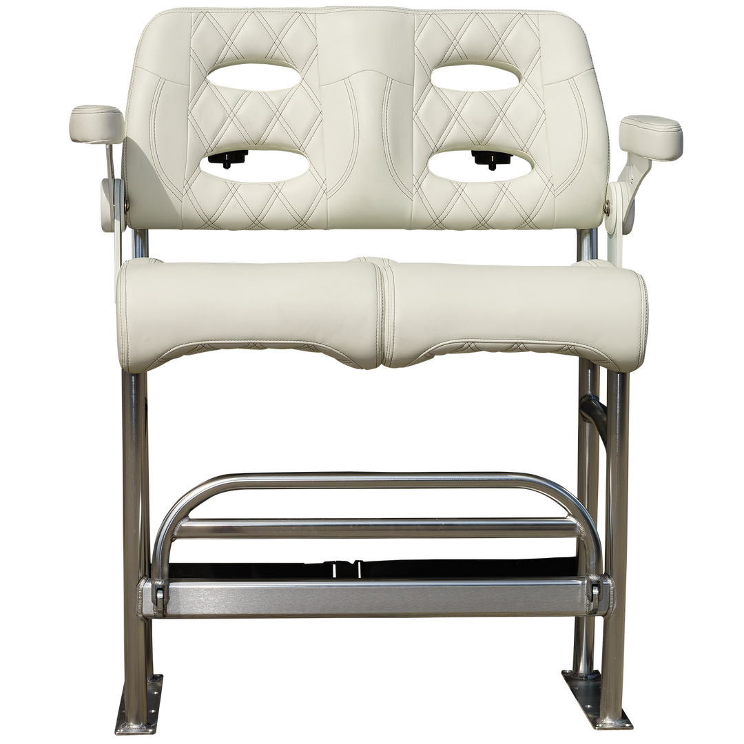A white, padded, two-seat bench with diamond-patterned upholstery and cut-out designs on the backrest, supported by a shiny metal frame with a footrest