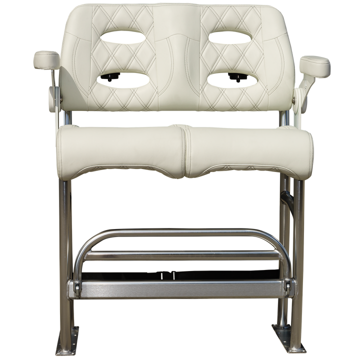A white, padded, two-seat bench with diamond-patterned upholstery and cut-out designs on the backrest, supported by a shiny metal frame with a footrest