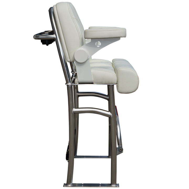 A side view of a 38-inch Stinger-R Spec Long Haul Fixie chair, featuring a sleek design with a white cushioned seat and backrest, mounted on a sturdy chrome frame with a footrest. The chair is positioned against a transparent background