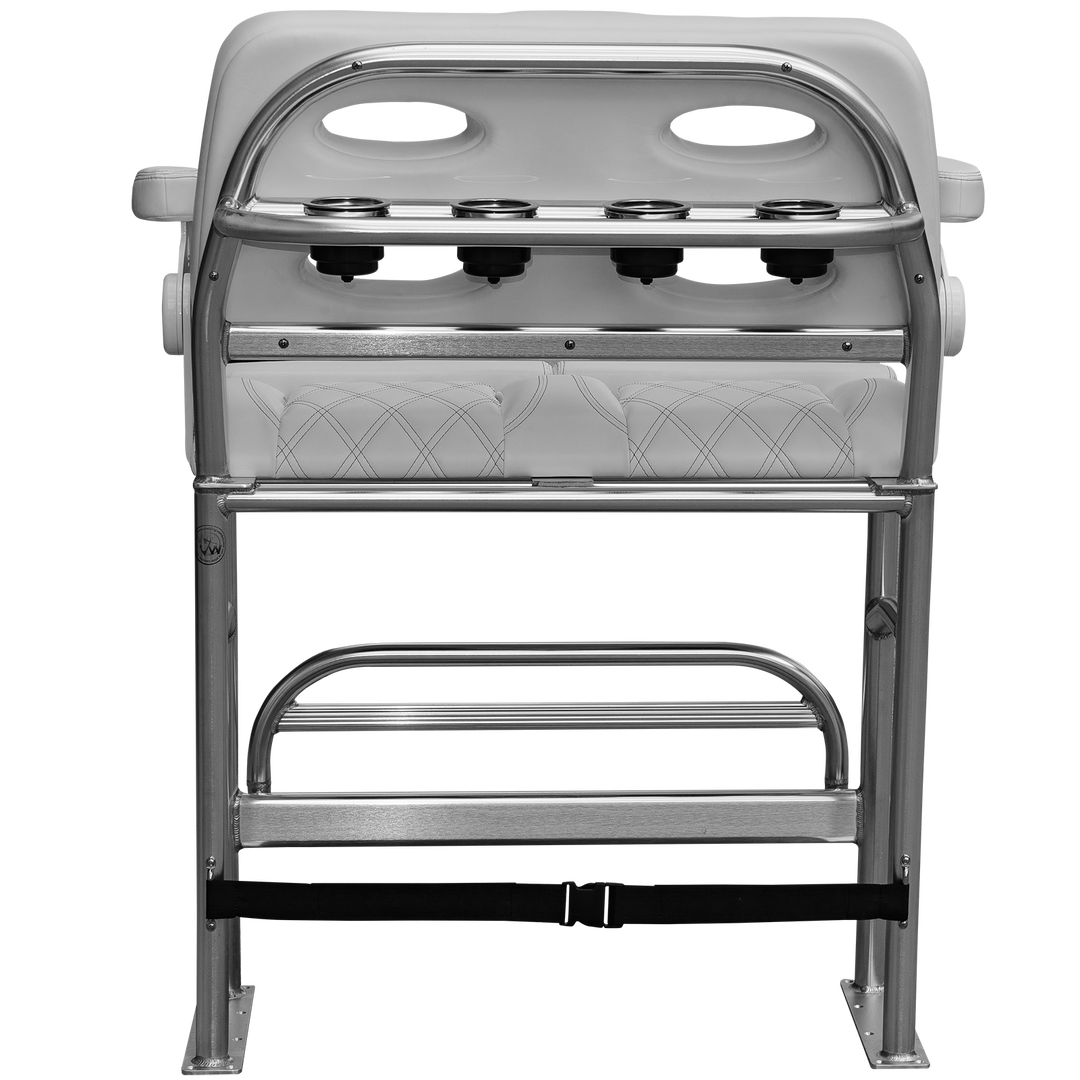 A chrome-finished, high-back bench seat with a quilted design and four cup holders, viewed from the front against a transparent background
