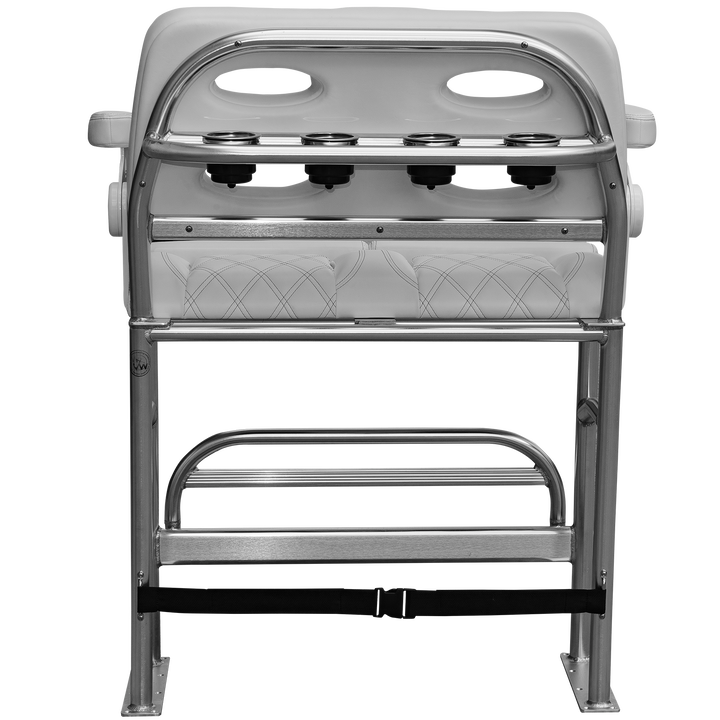 A chrome-finished, high-back bench seat with a quilted design and four cup holders, viewed from the front against a transparent background
