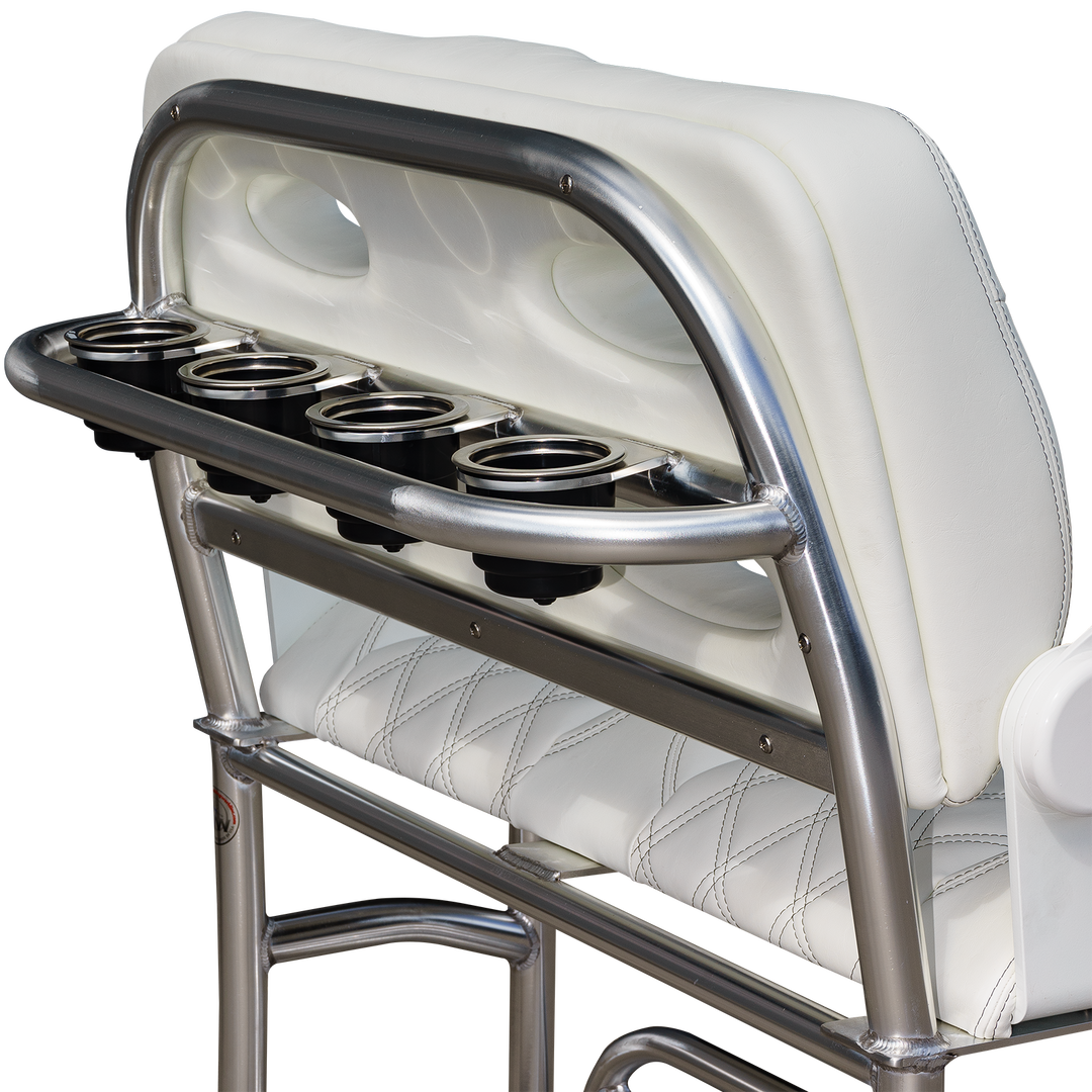 A close-up view of a white, padded backrest of a chair with a sleek silver frame. The backrest features two circular cutouts and a horizontal bar with four cup holders, designed for comfort and convenience. The seat has a quilted pattern, adding a touch of elegance to the overall design