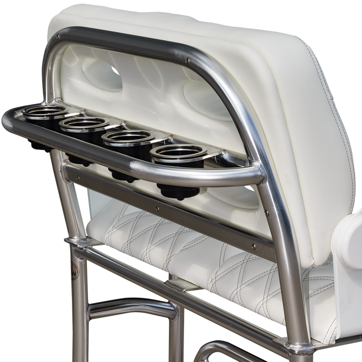 A close-up view of a white, padded backrest of a chair with a sleek silver frame. The backrest features two circular cutouts and a horizontal bar with four cup holders, designed for comfort and convenience. The seat has a quilted pattern, adding a touch of elegance to the overall design