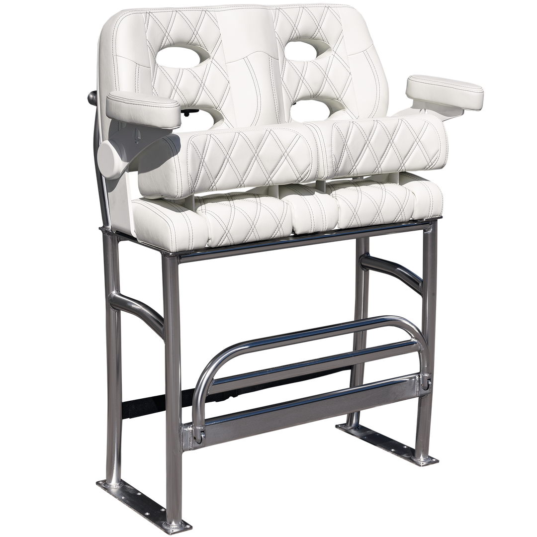 Close-up view of a white leather seat with diamond stitching, featuring a sleek armrest design and a circular support structure, set against a transparent background