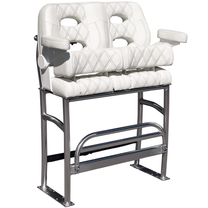 Close-up view of a white leather seat with diamond stitching, featuring a sleek armrest design and a circular support structure, set against a transparent background