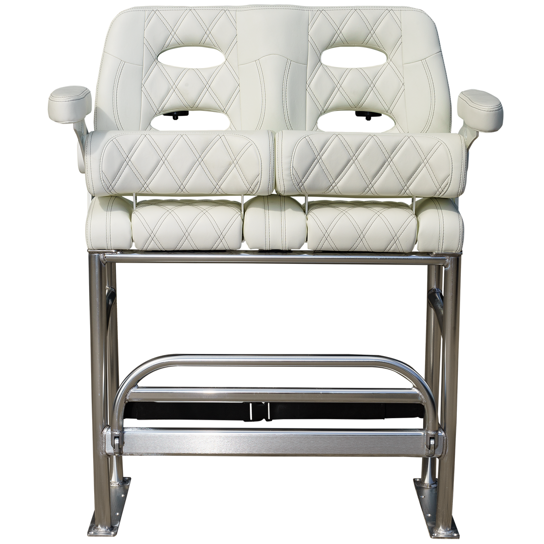 A modern, white leather bench seat with a diamond quilted pattern, featuring two cut-out holes for ventilation or design, supported by a sleek, shiny metal frame. The background is transparent, highlighting the bench's design