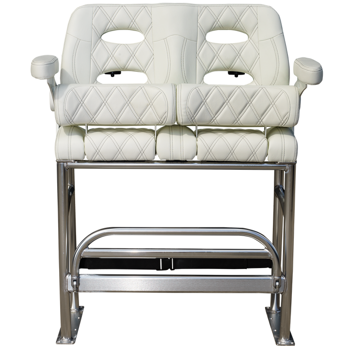 A modern, white leather bench seat with a diamond quilted pattern, featuring two cut-out holes for ventilation or design, supported by a sleek, shiny metal frame. The background is transparent, highlighting the bench's design
