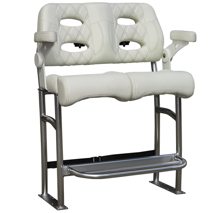 A 38-inch Stinger-R Spec Long Haul Fixie seat featuring a sleek design with a white quilted upholstery, two cut-out handles, and a sturdy metal frame with a footrest