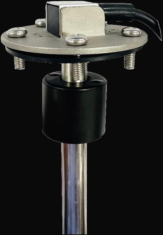 Close-up image of an SSS/SSL sender featuring an SAE 5 hole pattern mount. The sender has a metallic top with four screws and a black cylindrical body, designed for accurate fluid level measurement in automotive and industrial applications