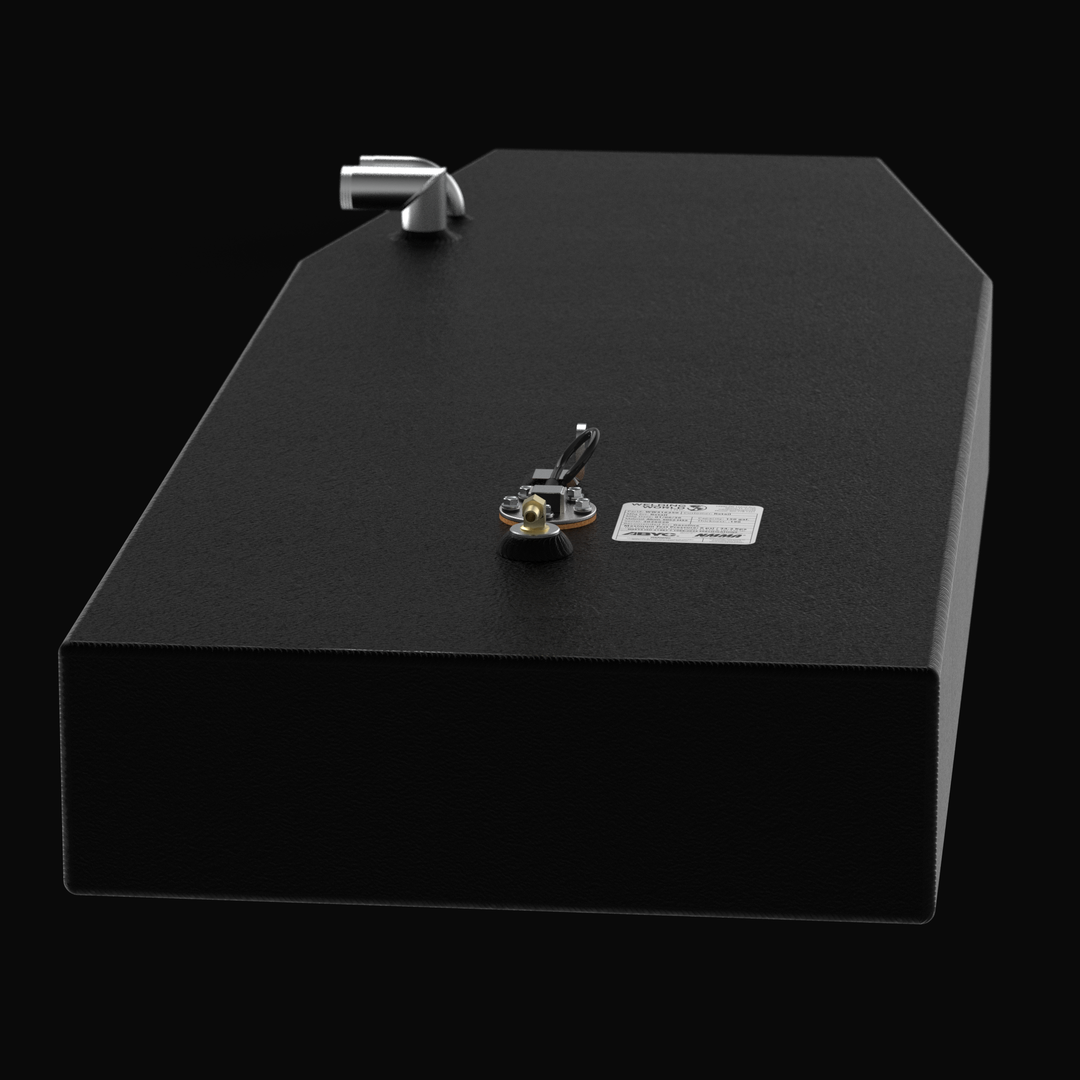 Detailed engineering layout of an Angler 17 replacement fuel tank, showing the top-down positioning of the fuel fill, vent, and pickup ports, alongside the fuel sender unit on a heavy-duty marine-grade aluminum body.