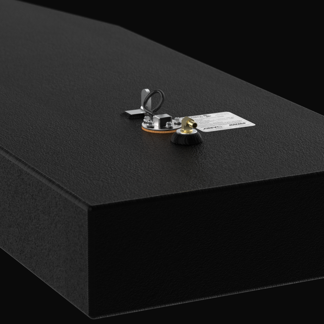 Isometric 3D model of a 33-gallon replacement fuel tank for an Angler 17 boat, showing the heavy-duty .190 aluminum construction, coal-tar epoxy finish, and the precise arrangement of the fuel fill, vent, and pickup ports.