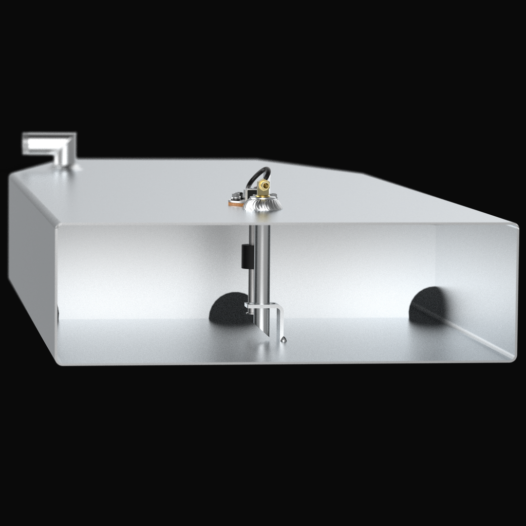 Dimensional engineering diagram of a 33-gallon OEM replacement fuel tank for an Angler 17, showing technical specifications including 36.5" length, 18.25" width, and 12.5" height with a protective coal-tar epoxy finish.