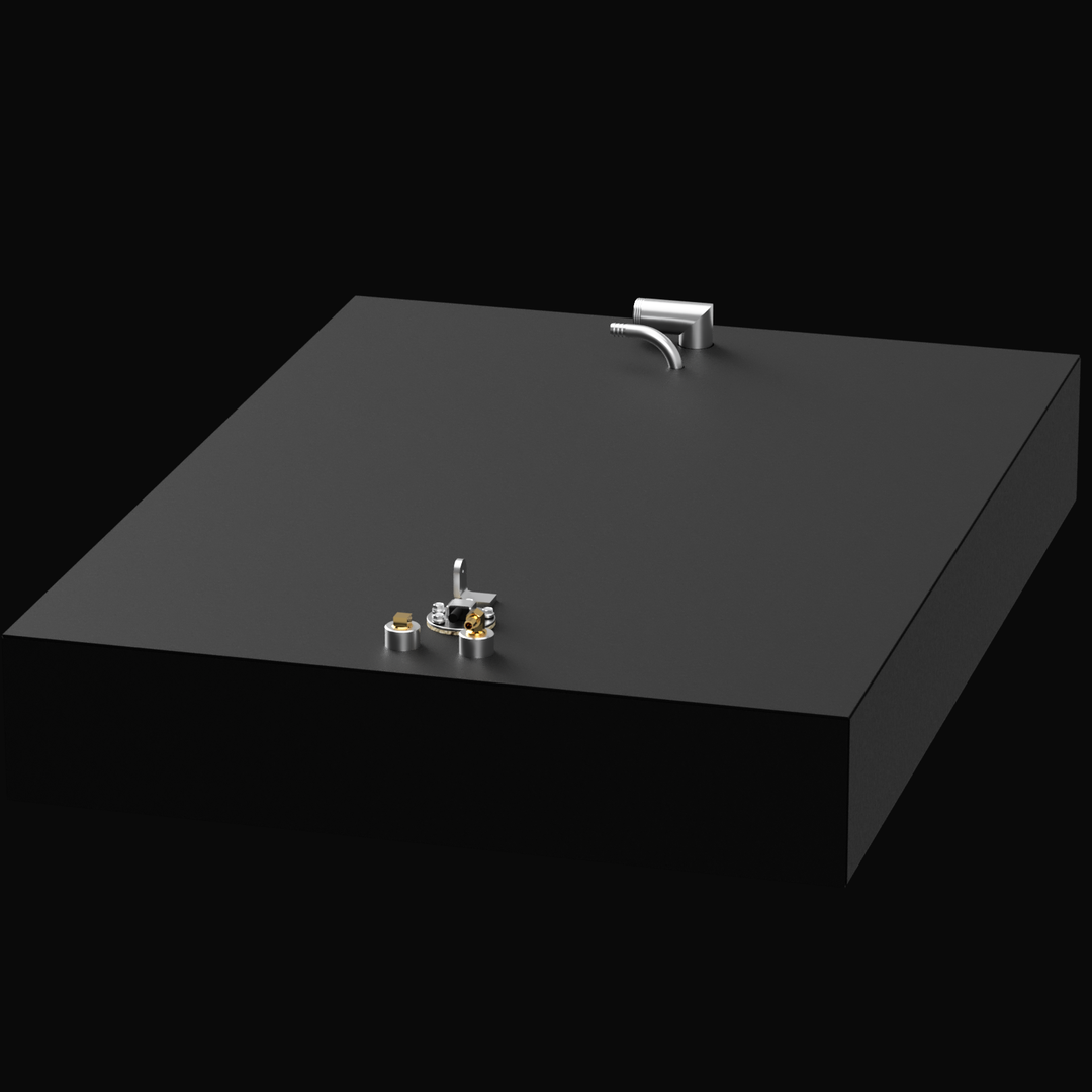 A top-down view of the AquaSport 22 fuel tank, featuring a sleek black design with a silver fuel fill cap and a fuel gauge. The tank has a rectangular shape and is designed to hold 46 gallons of fuel, with a spout and fittings visible on the surface