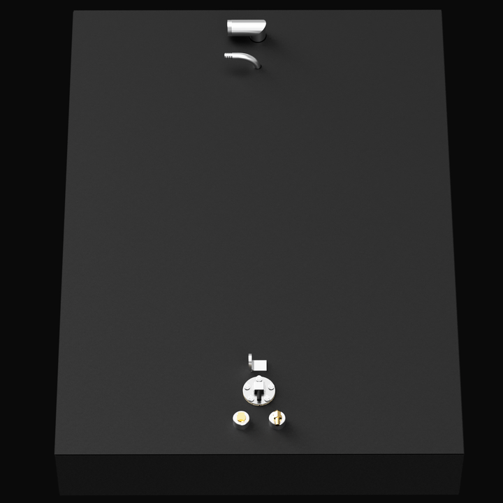 Alt Text: A top-down view of a black AquaSport 22 fuel tank with a capacity of 46 gallons. The tank features a fuel fill cap, a vent, and two connection points at the bottom, all in a metallic finish. The background is black, emphasizing the tank's design