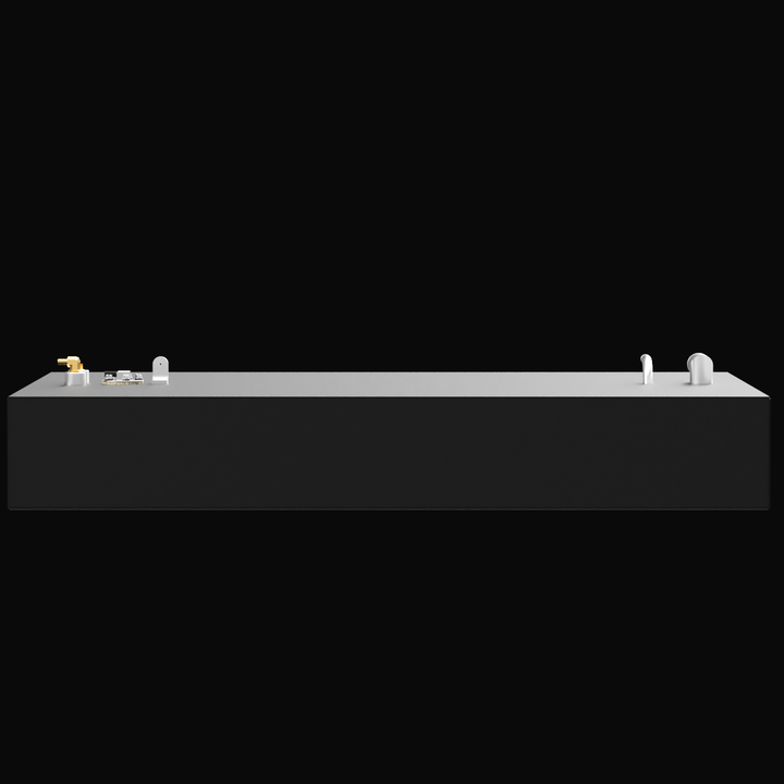 A sleek, rectangular AquaSport 22 fuel tank with a capacity of 46 gallons, featuring a smooth black surface and a silver top edge. The tank includes two fittings on the top for fuel connections