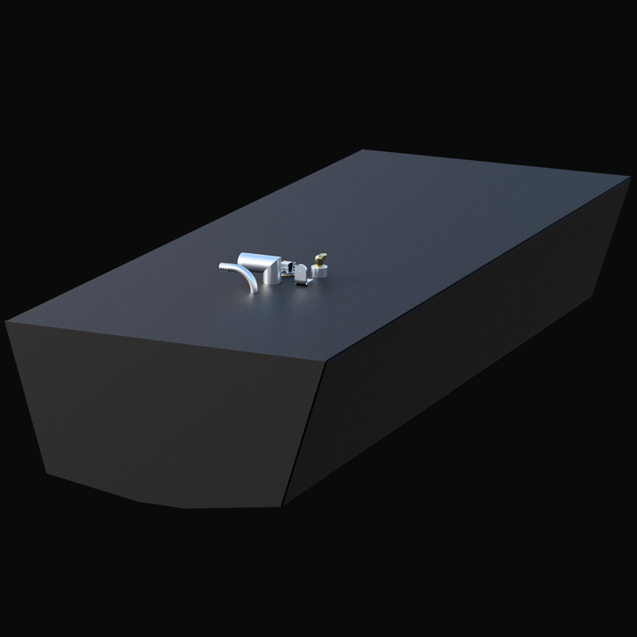 Perspective view of AquaSport 22 (1985) 89 gal replacement fuel tank, showing V-bottom hull profile and top fittings.