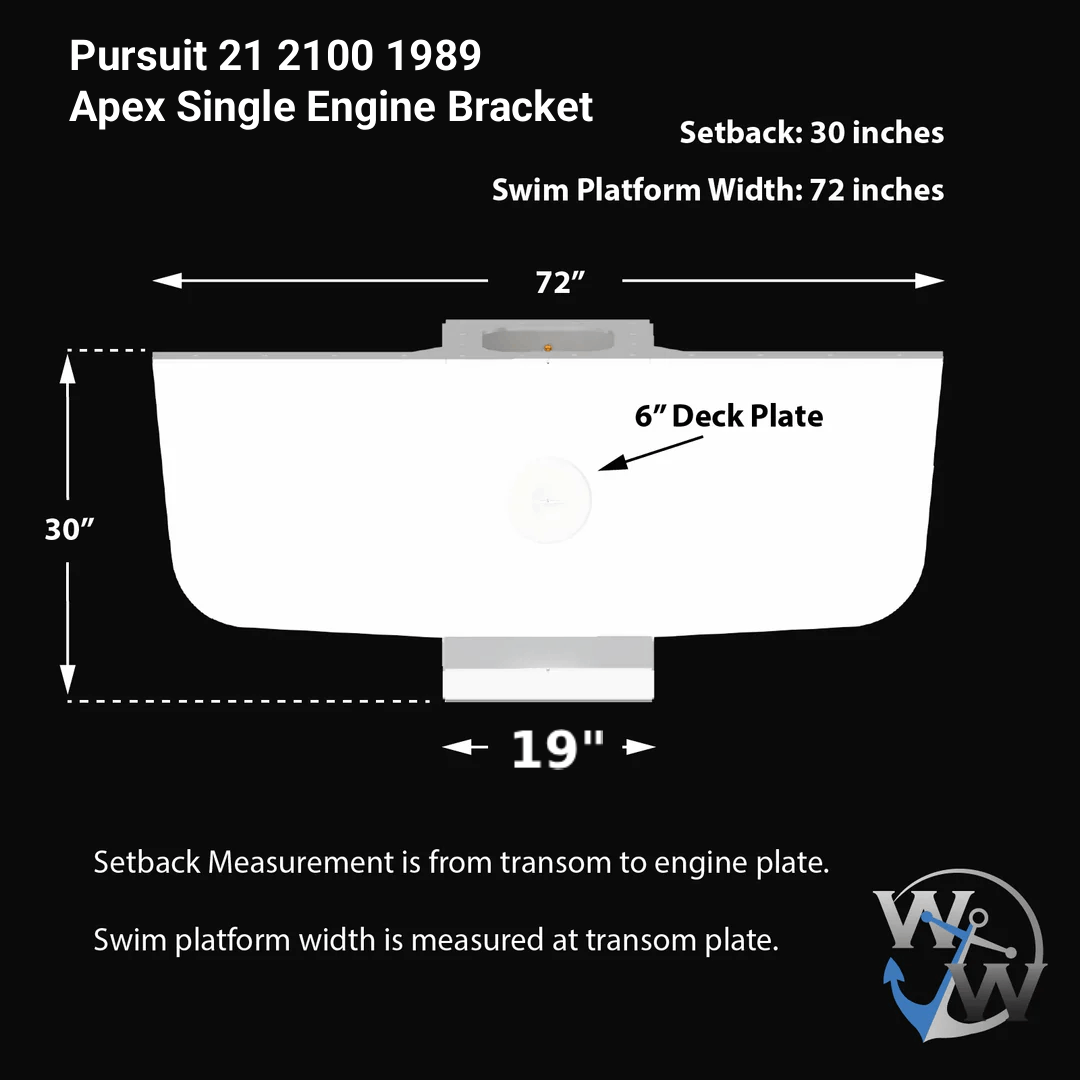 Technical drawing showing the top-down view of a Pursuit 21 (1989) 2100 Apex Single Engine Bracket. Key dimensions listed are: Overall height 23 and a half inches, Airbox width 19 inches, and Airbox height 19 inches. The overall width of the bracket is 19 inches.